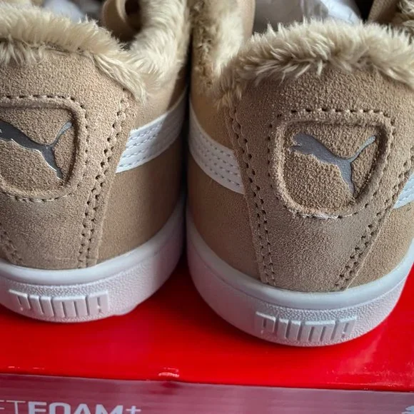 NIB PUMA Vikky V2 Fur Suede Court Sneaker in Nougat/White - Picture 4 of 8